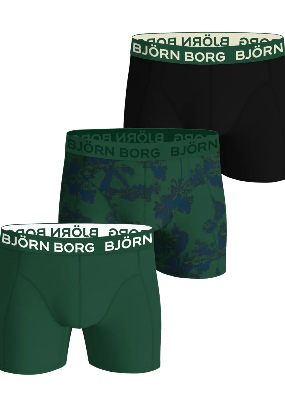 Bjorn Borg Cotton Stretch boxers, heren boxers normale lengte (3-pack), groen, zwart en groen met print