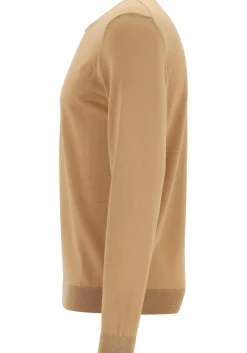 BOSS Leno heren trui wol, slim fit met O-hals, camel bruin