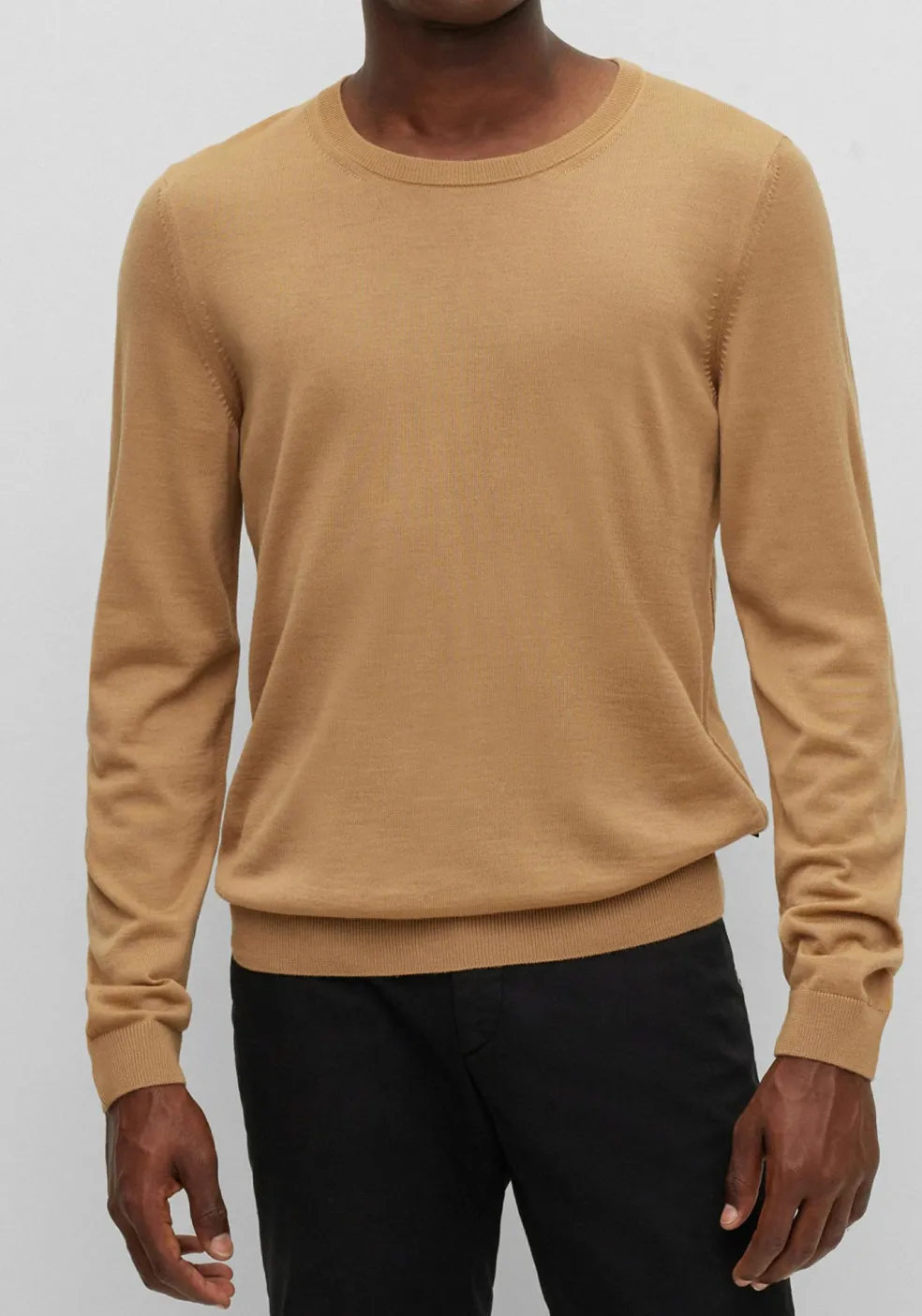 BOSS Leno heren trui wol, slim fit met O-hals, camel bruin