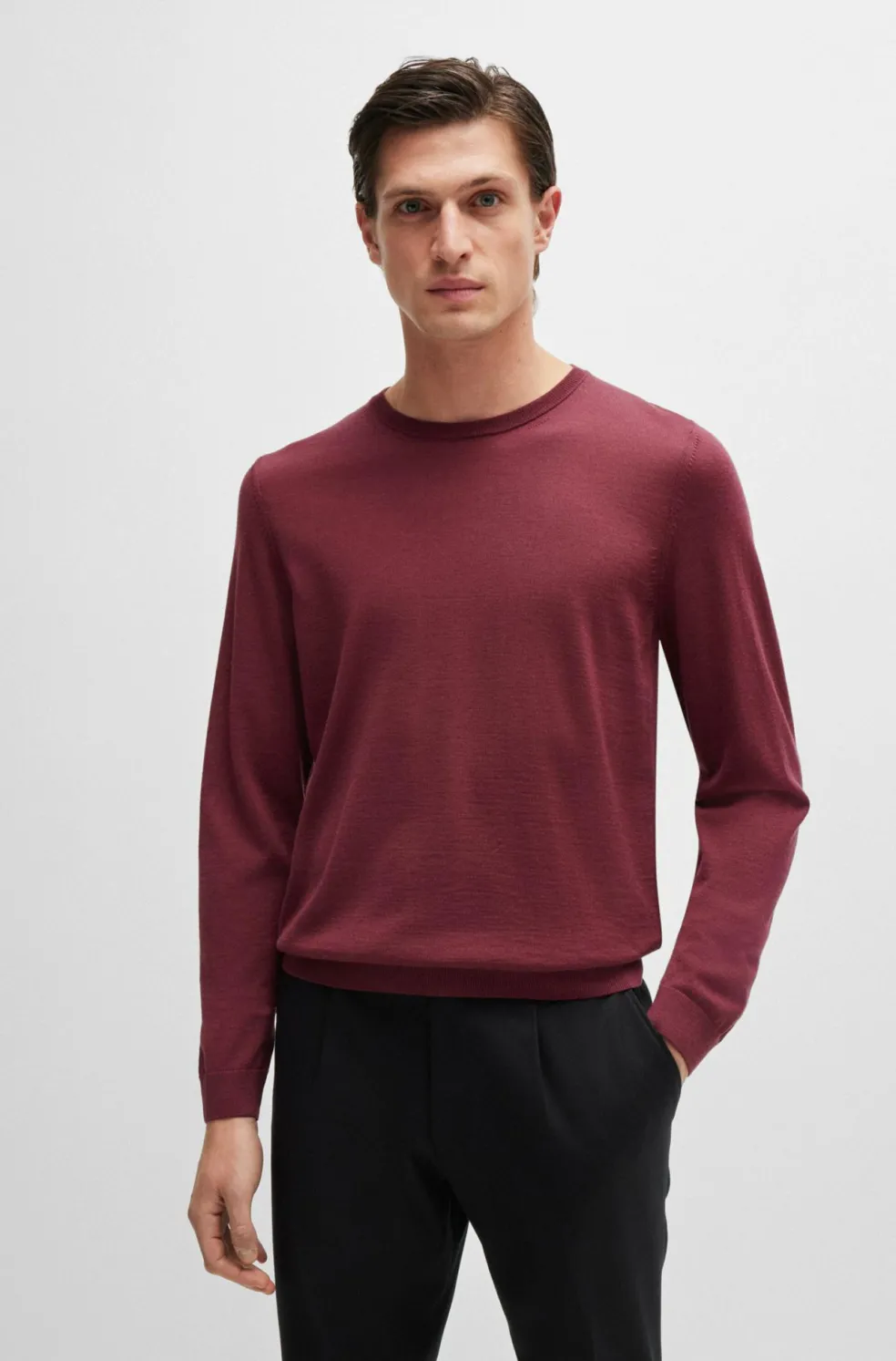 BOSS Leno slim fit trui wol, heren pullover middeldik O-hals, rood