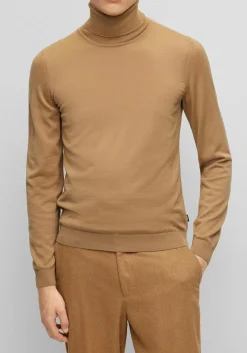 BOSS Musso slim fit trui wol, heren coltrui, midden beige