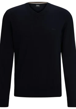 BOSS Pacello regular fit trui katoen, heren trui middeldik V-hals, donkerblauw