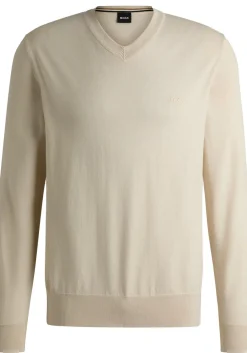 BOSS Pacello regular fit trui katoen, heren trui middeldik V-hals, licht beige