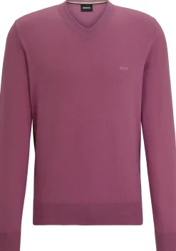 BOSS Pacello regular fit trui katoen, heren trui middeldik V-hals, paars