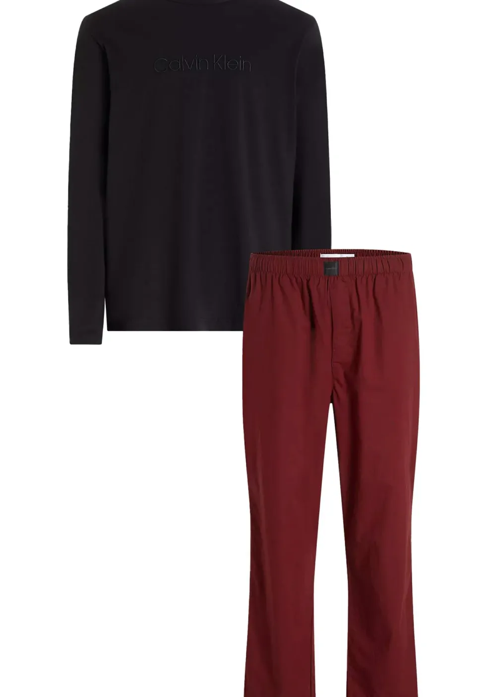 Calvin Klein heren pyjama O-hals, zwart shirt met donkerrode broek