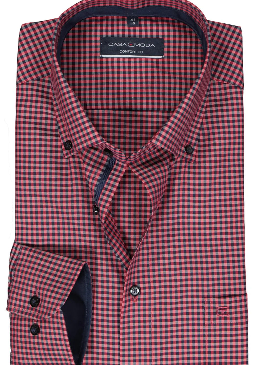 CASA MODA comfort fit overhemd, popeline, rood met blauw geruit