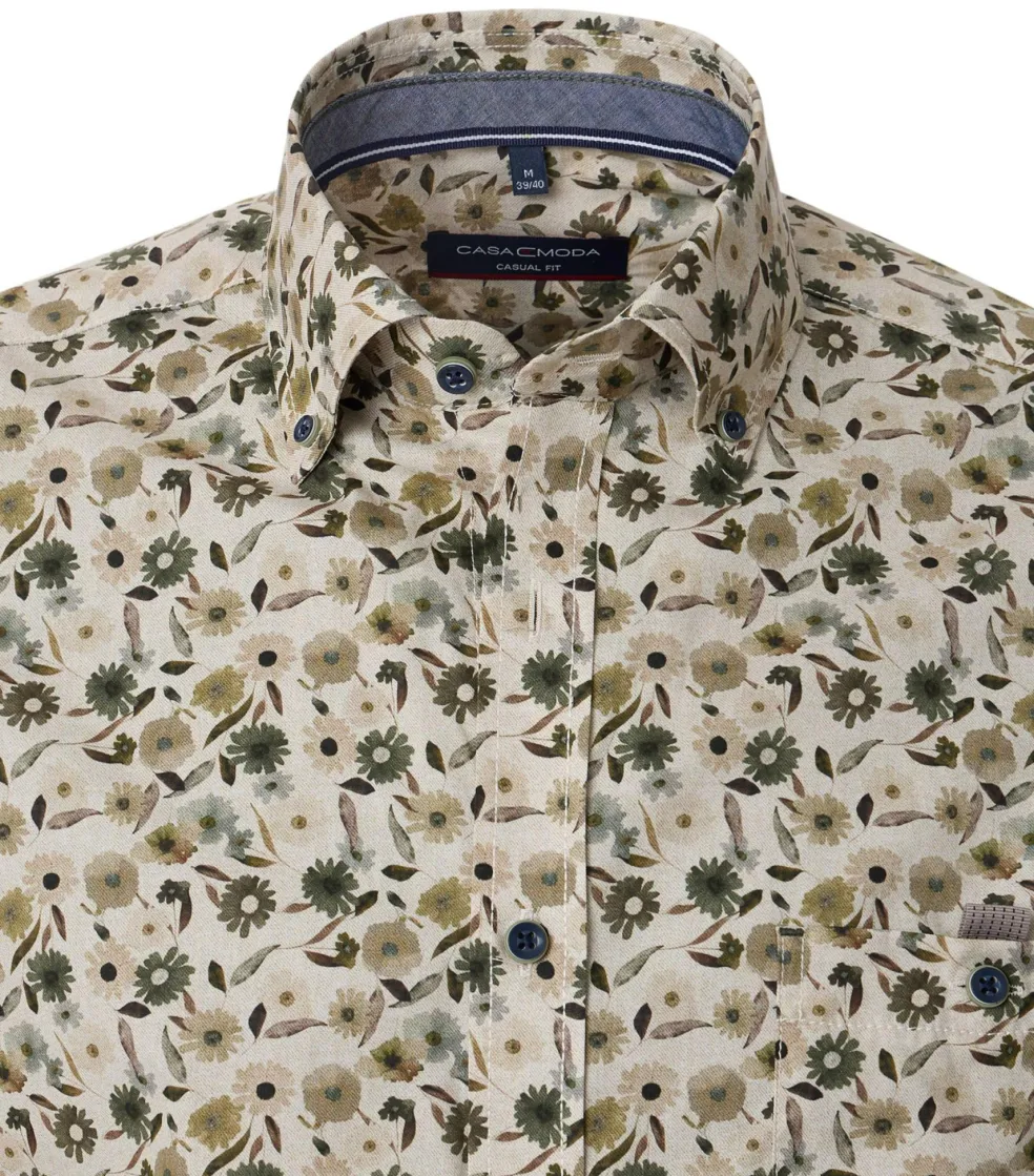 CASA MODA Sport casual fit overhemd, popeline, beige met groen dessin