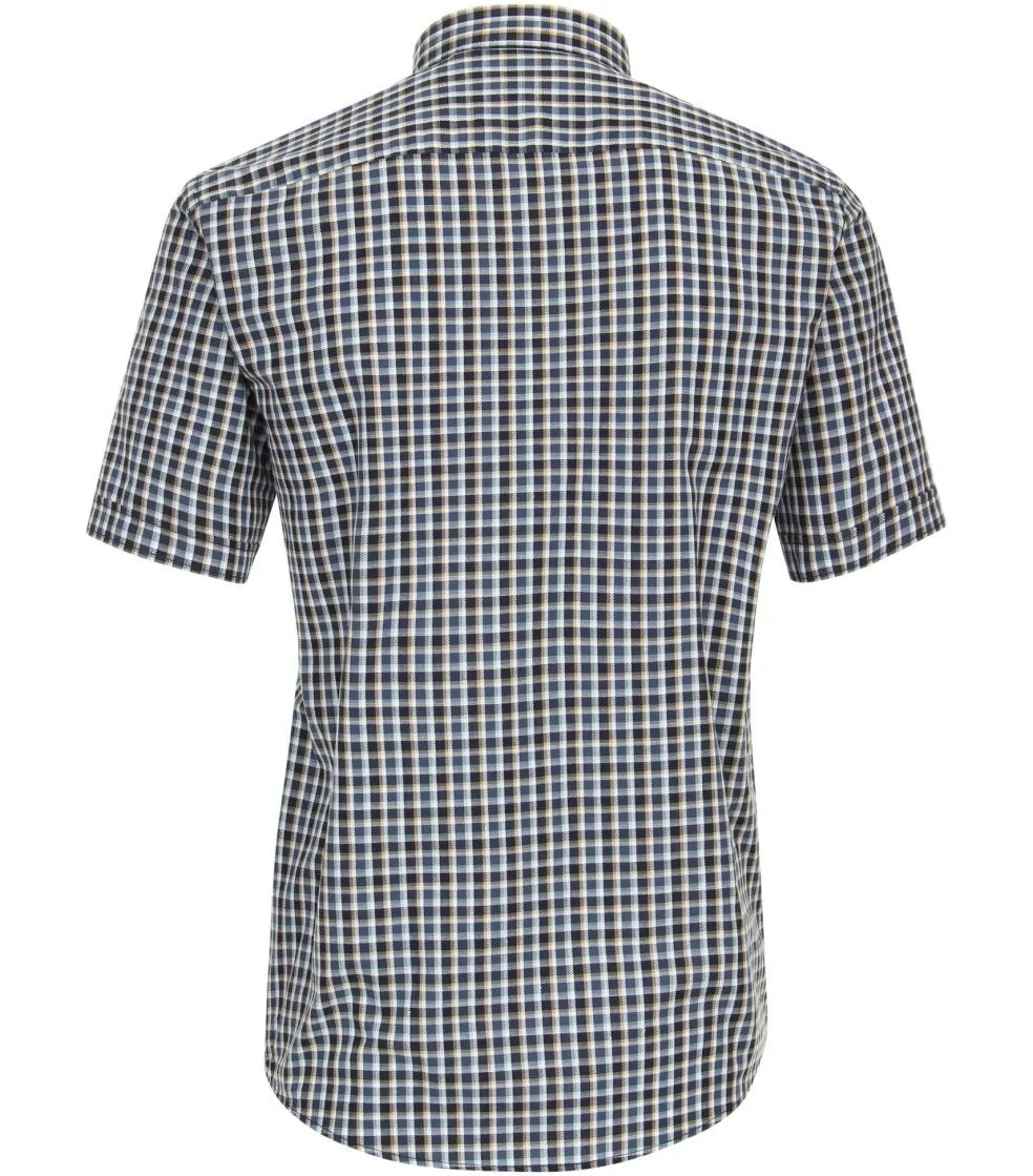 CASA MODA Sport casual fit overhemd, korte mouw, chambray, blauw met beige en wit geruit
