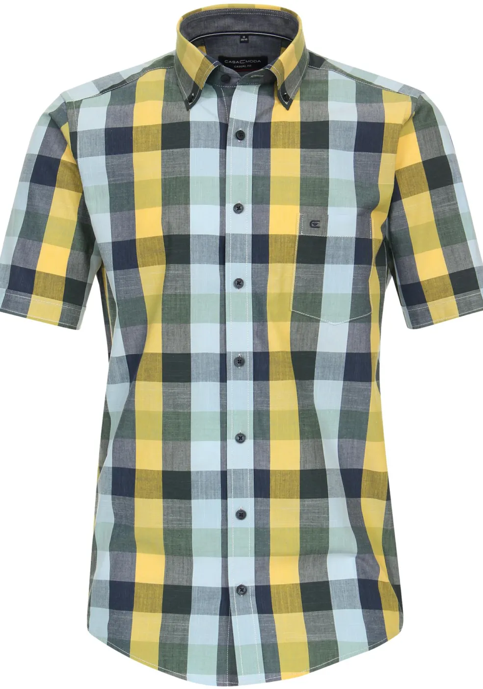 CASA MODA Sport casual fit overhemd, korte mouw, chambray, blauw met geel geruit