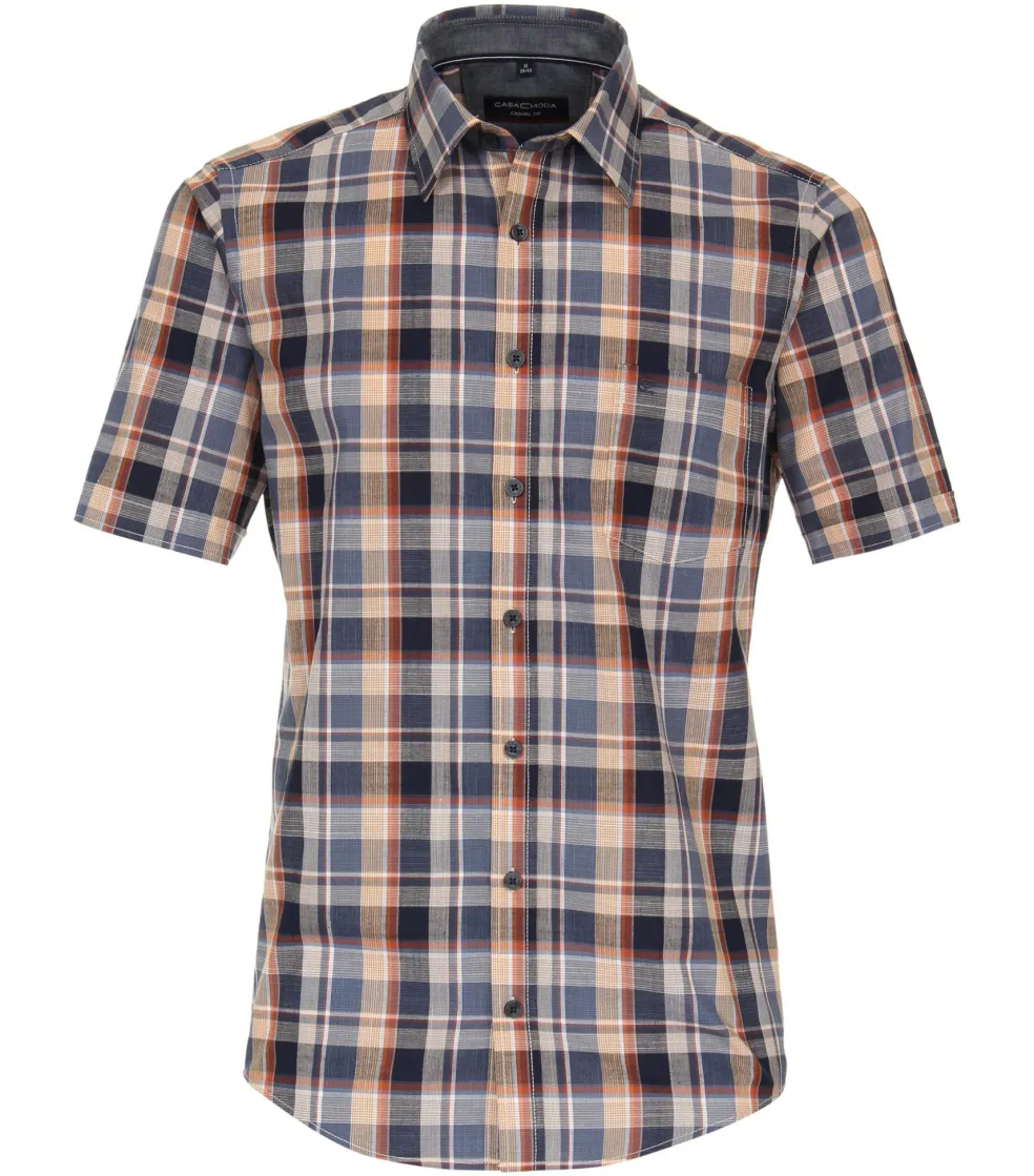 CASA MODA Sport casual fit overhemd, korte mouw, chambray, blauw met oranje geruit