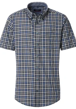 CASA MODA Sport casual fit overhemd, korte mouw, dobby, blauw met beige geruit
