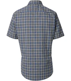 CASA MODA Sport casual fit overhemd, korte mouw, dobby, blauw met beige geruit