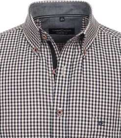 CASA MODA Sport casual fit overhemd, korte mouw, dobby, blauw met wit en oranje geruit