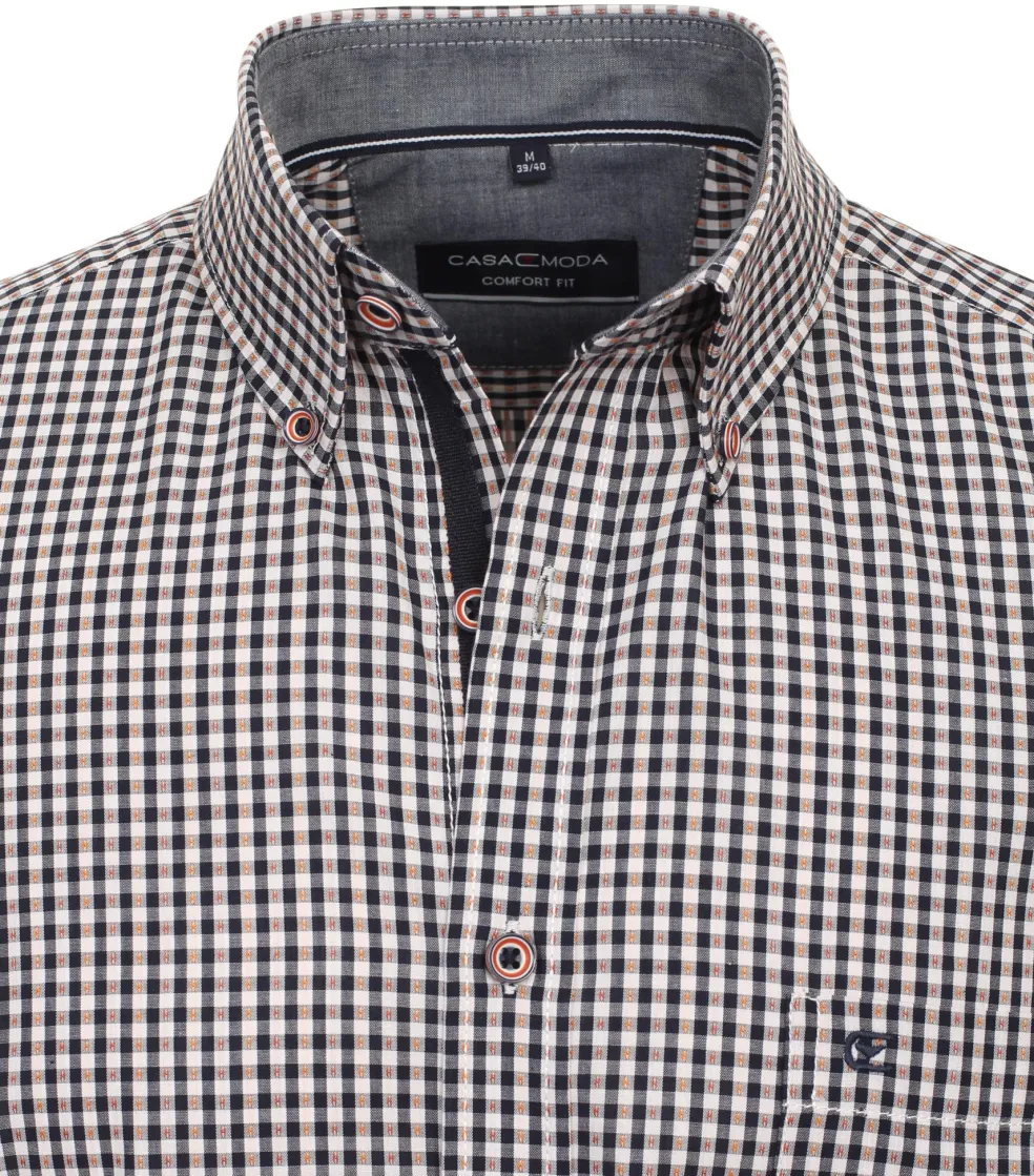 CASA MODA Sport casual fit overhemd, korte mouw, dobby, blauw met wit en oranje geruit