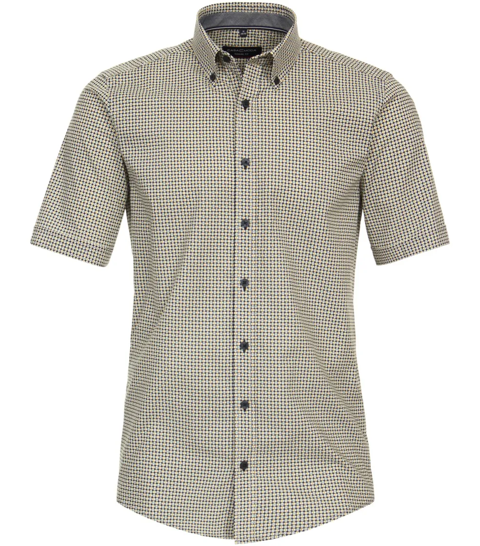CASA MODA Sport casual fit overhemd, korte mouw, popeline, blauw met geel en wit dessin