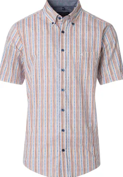 CASA MODA Sport casual fit overhemd, korte mouw, popeline, oranje met blauw en wit gestreept