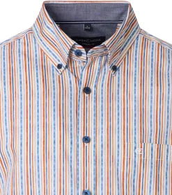 CASA MODA Sport casual fit overhemd, korte mouw, popeline, oranje met blauw en wit gestreept