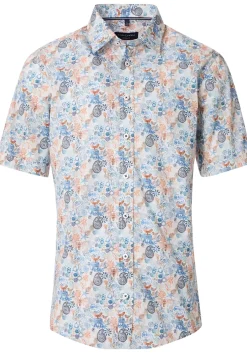 CASA MODA Sport casual fit overhemd, korte mouw, popeline, wit met blauw en oranje dessin