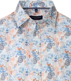 CASA MODA Sport casual fit overhemd, korte mouw, popeline, wit met blauw en oranje dessin