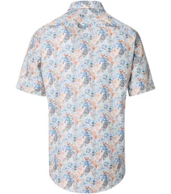 CASA MODA Sport casual fit overhemd, korte mouw, popeline, wit met blauw en oranje dessin