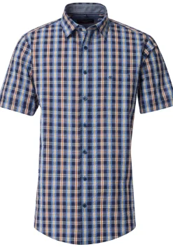 CASA MODA Sport casual fit overhemd, korte mouw, seersucker, blauw met oranje en wit geruit