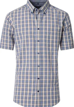 CASA MODA Sport casual fit overhemd, korte mouw, seersucker, blauw, wit, kaki en oranje geruit