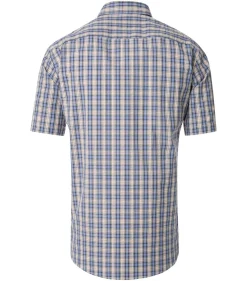 CASA MODA Sport casual fit overhemd, korte mouw, seersucker, blauw, wit, kaki en oranje geruit