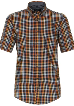 CASA MODA Sport casual fit overhemd, korte mouw, dobby, oranje geruit