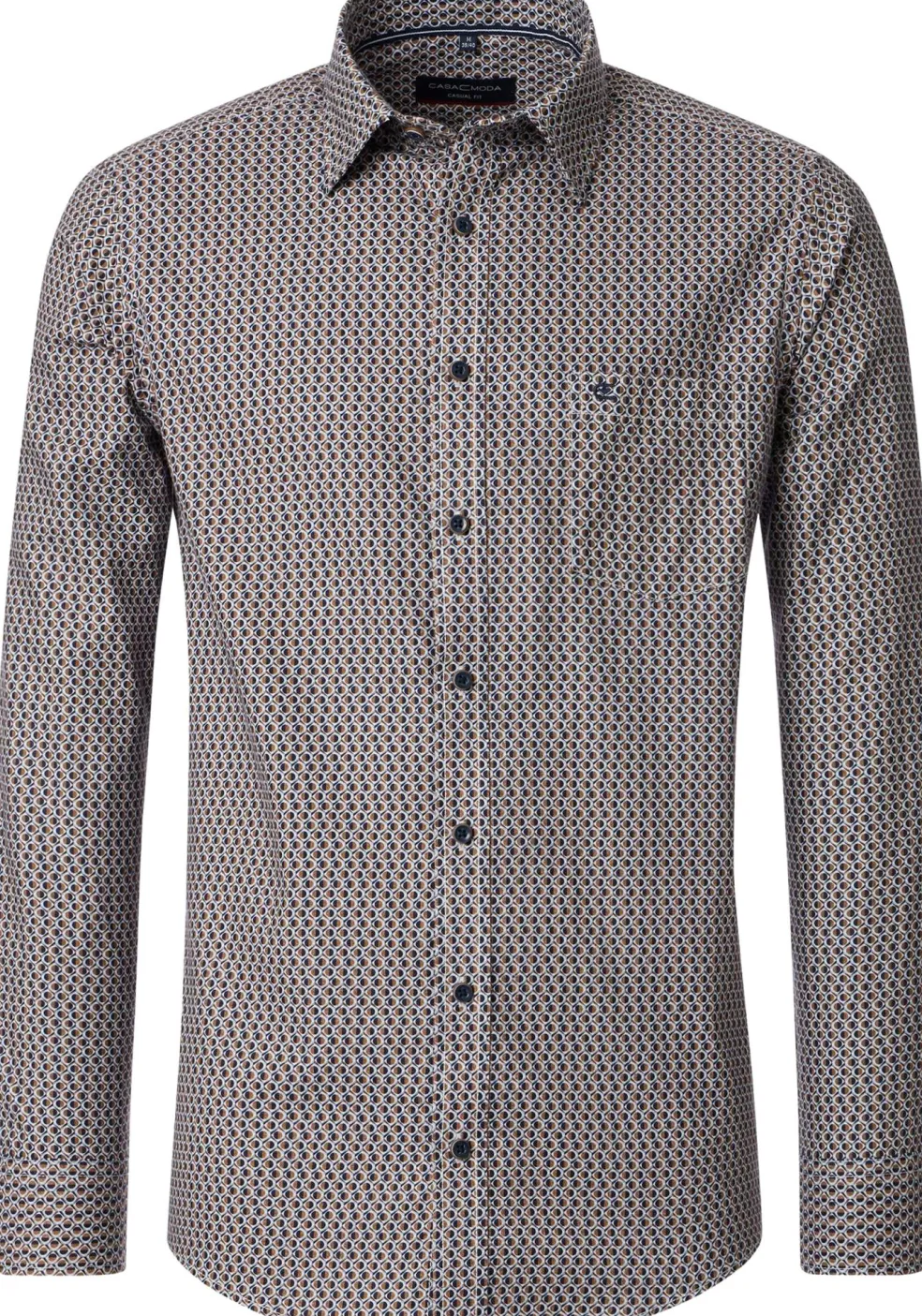 CASA MODA Sport casual fit overhemd, twill, bruin met blauw en wit dessin