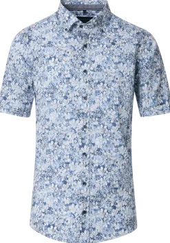 CASA MODA Sport comfort fit overhemd, korte mouw, popeline, blauw met wit bloemen dessin