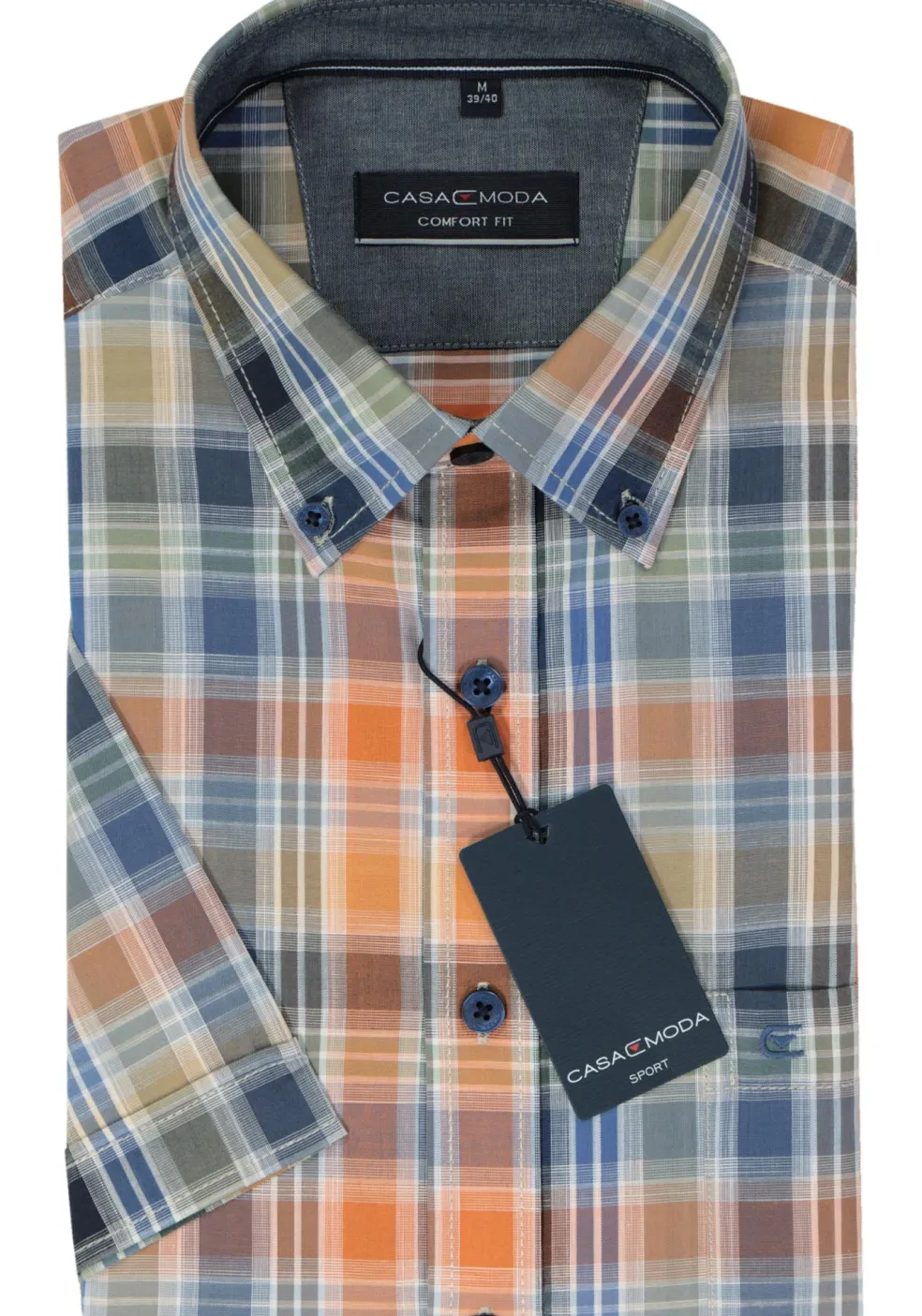 CASA MODA Sport comfort fit overhemd, korte mouw, popeline, blauw met groen en oranje geruit