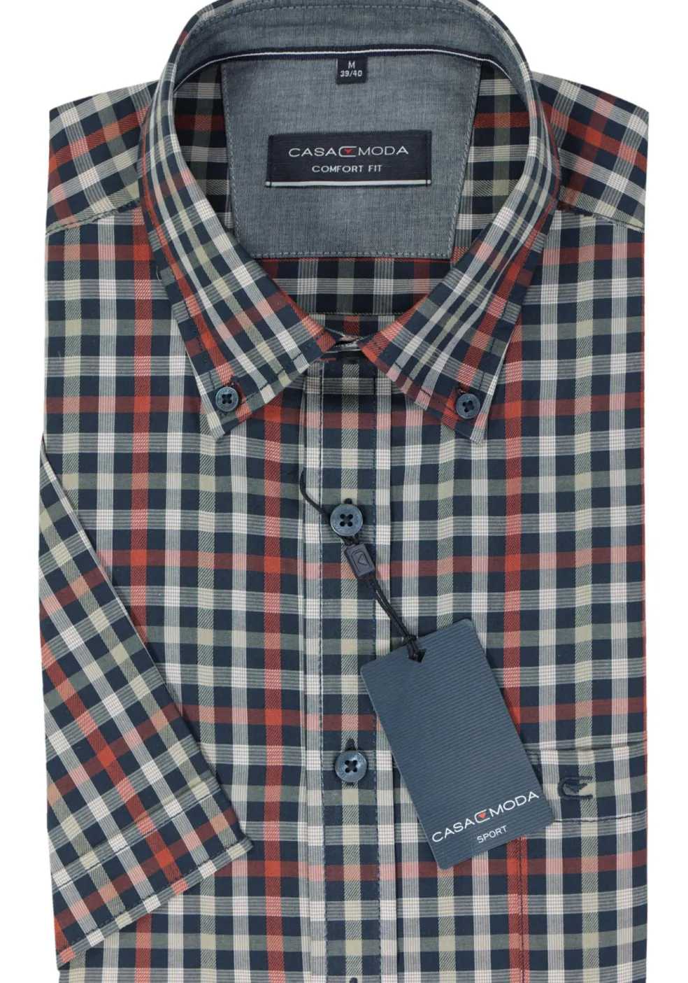 CASA MODA Sport comfort fit overhemd, korte mouw, popeline, blauw met rood, groen en wit geruit