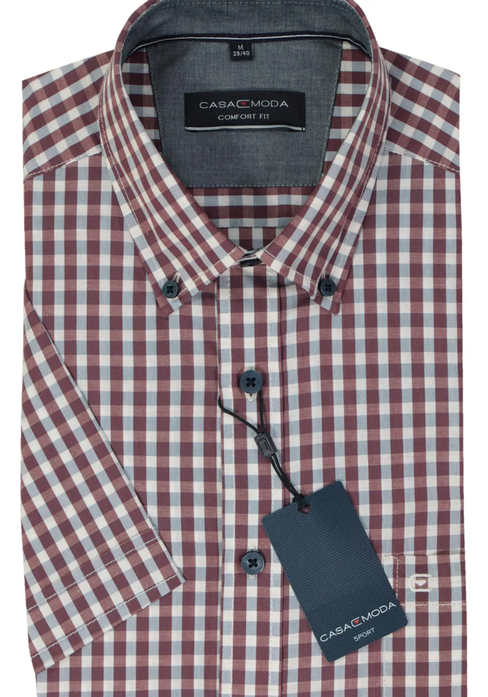 CASA MODA Sport comfort fit overhemd, korte mouw, popeline, blauw met wit en rood geruit