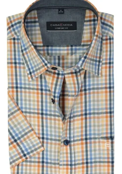 CASA MODA Sport comfort fit overhemd, korte mouw, popeline, blauw, wit, oranje en groen geruit