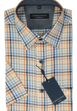CASA MODA Sport comfort fit overhemd, korte mouw, popeline, blauw, wit, oranje en groen geruit