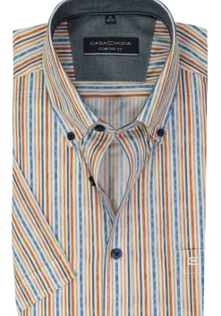CASA MODA Sport comfort fit overhemd, korte mouw, popeline, wit met blauw, groen en oranje gestreept