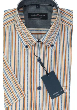 CASA MODA Sport comfort fit overhemd, korte mouw, popeline, wit met blauw, groen en oranje gestreept