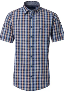 CASA MODA Sport comfort fit overhemd, korte mouw, seersucker, blauw met geel, oranje en wit geruit