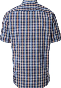 CASA MODA Sport comfort fit overhemd, korte mouw, seersucker, blauw met geel, oranje en wit geruit