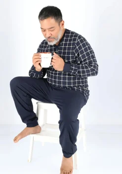 Ceceba heren pyjama, donkerblauw met wit geruit