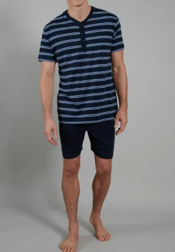 Ceceba heren shortama O-hals met knoopjes, donkerblauw gestreept