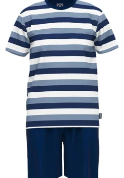 Ceceba heren shortama O-hals, middenblauw gestreept