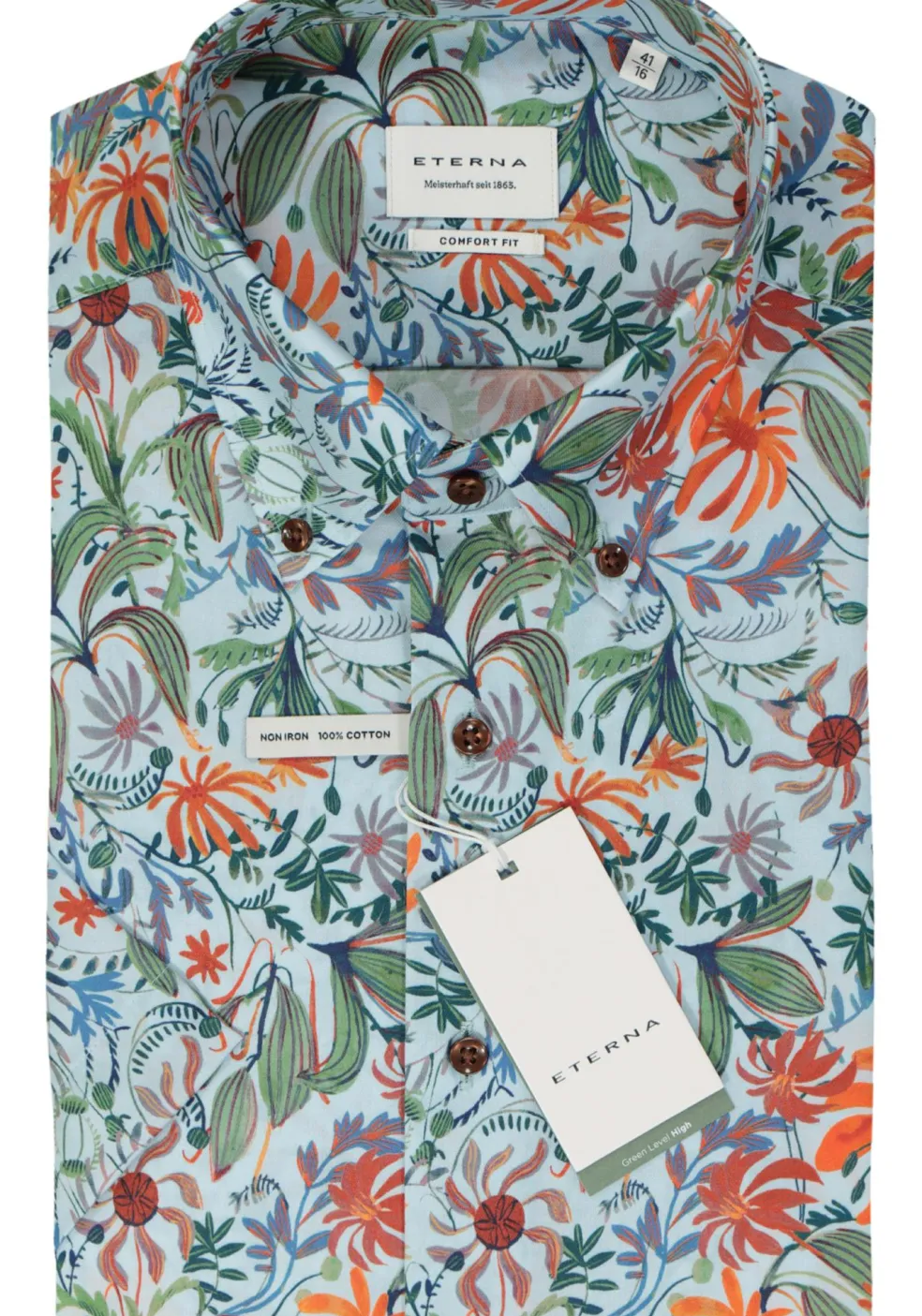 ETERNA comfort fit overhemd korte mouw, popeline, lichtgroen bloemen dessin