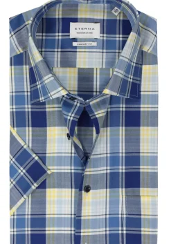 ETERNA comfort fit overhemd korte mouw, twill, blauw, wit, geel geruit
