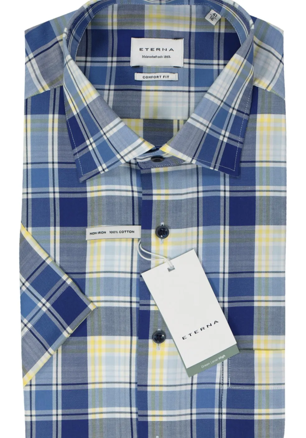 ETERNA comfort fit overhemd korte mouw, twill, blauw, wit, geel geruit