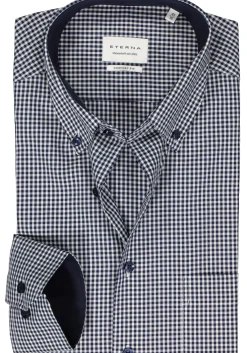 ETERNA comfort fit overhemd, popeline, middenblauw met wit geruit (contrast)