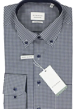 ETERNA comfort fit overhemd, popeline, middenblauw met wit geruit (contrast)