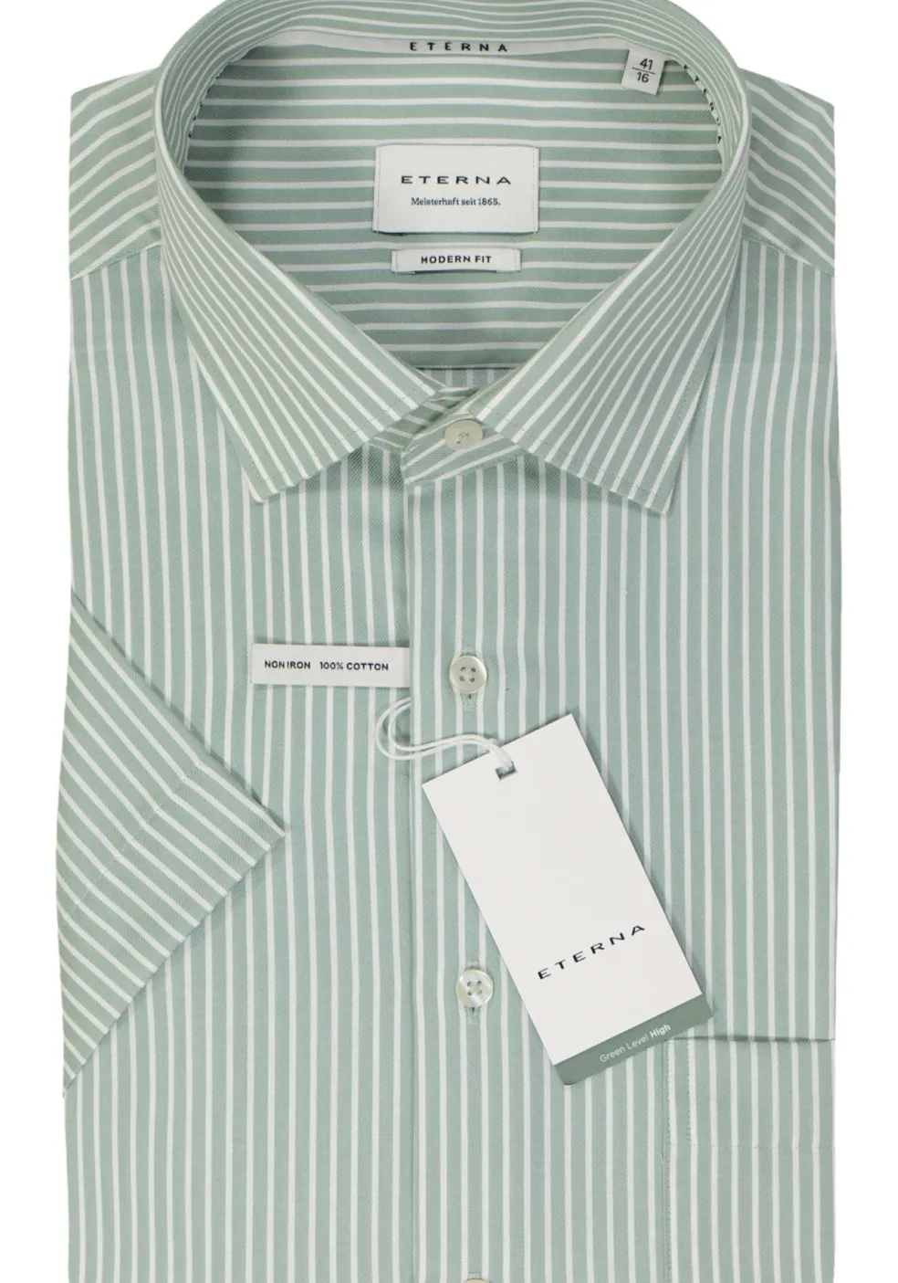 ETERNA modern fit overhemd korte mouw, twill, lichtgroen met wit gestreept