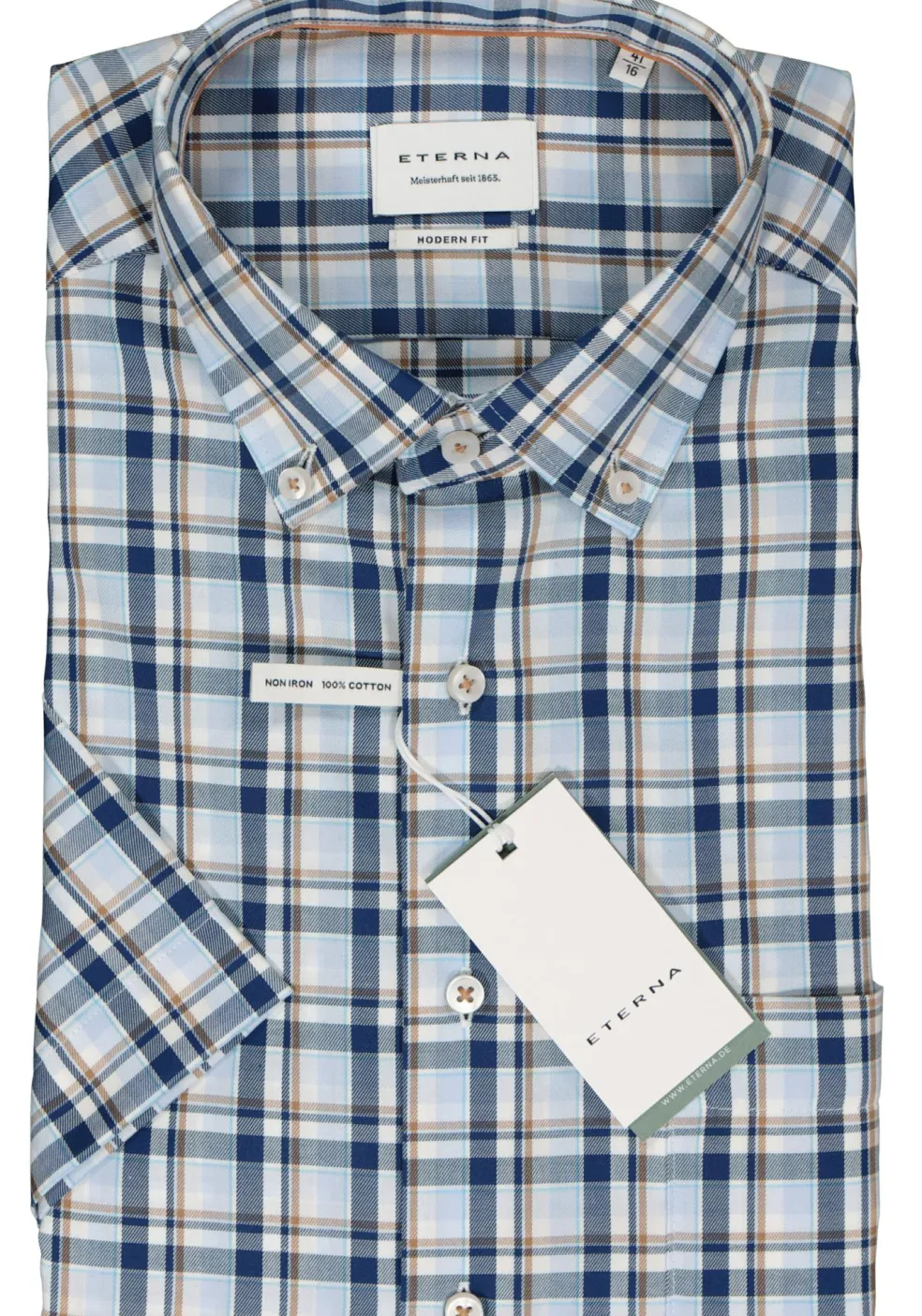 ETERNA modern fit overhemd korte mouw, twill, turquoise geruit