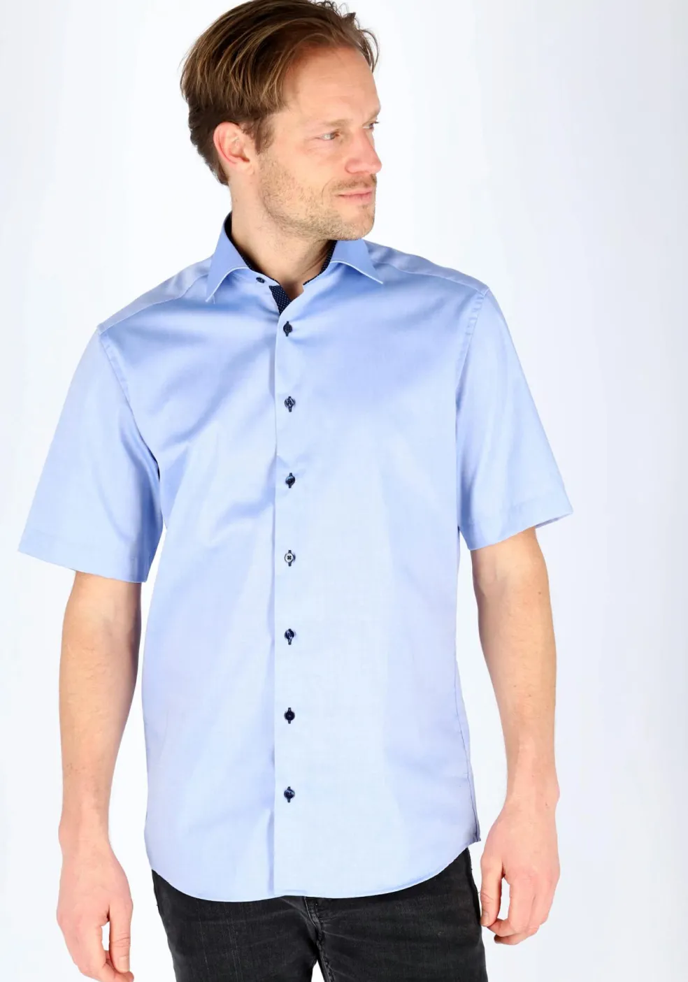 ETERNA modern fit overhemd, korte mouw, heren overhemd fijn Oxford, blauw (gestipt contrast)